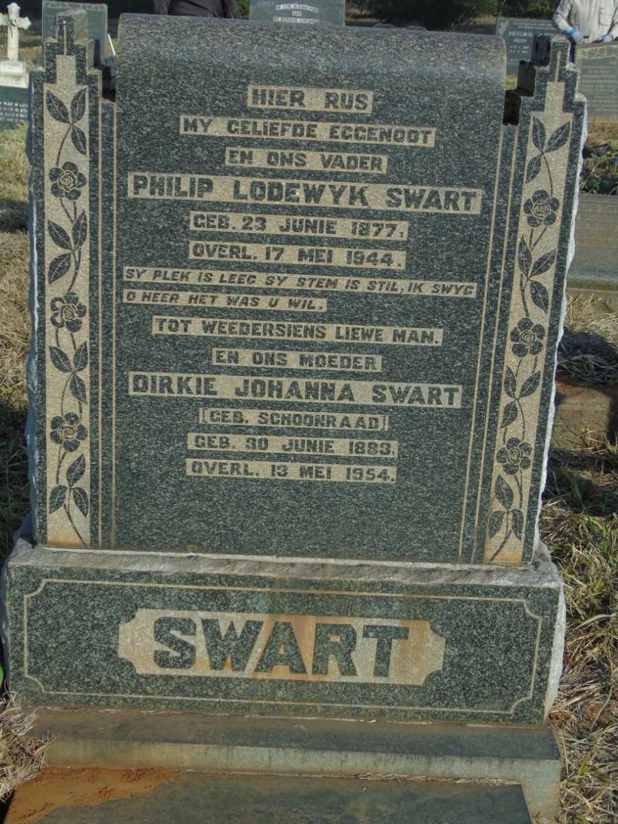 SWART Philip Lodewyk 1877-1944 & Dirkie Johanna SCHOONRAAD 1883-1954