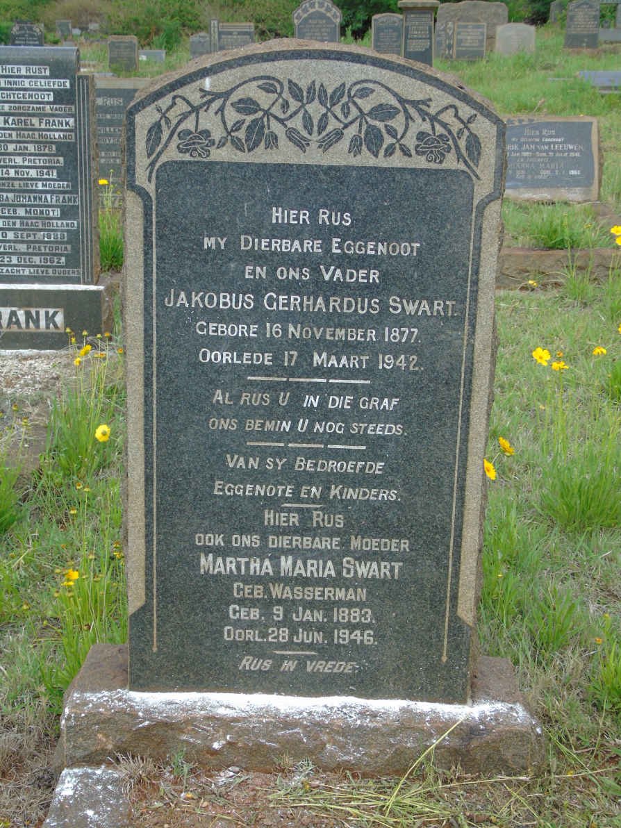 SWART Jakobus Gerhardus 1877-1942 &amp; Martha Maria WASSERMAN 1883-1946
