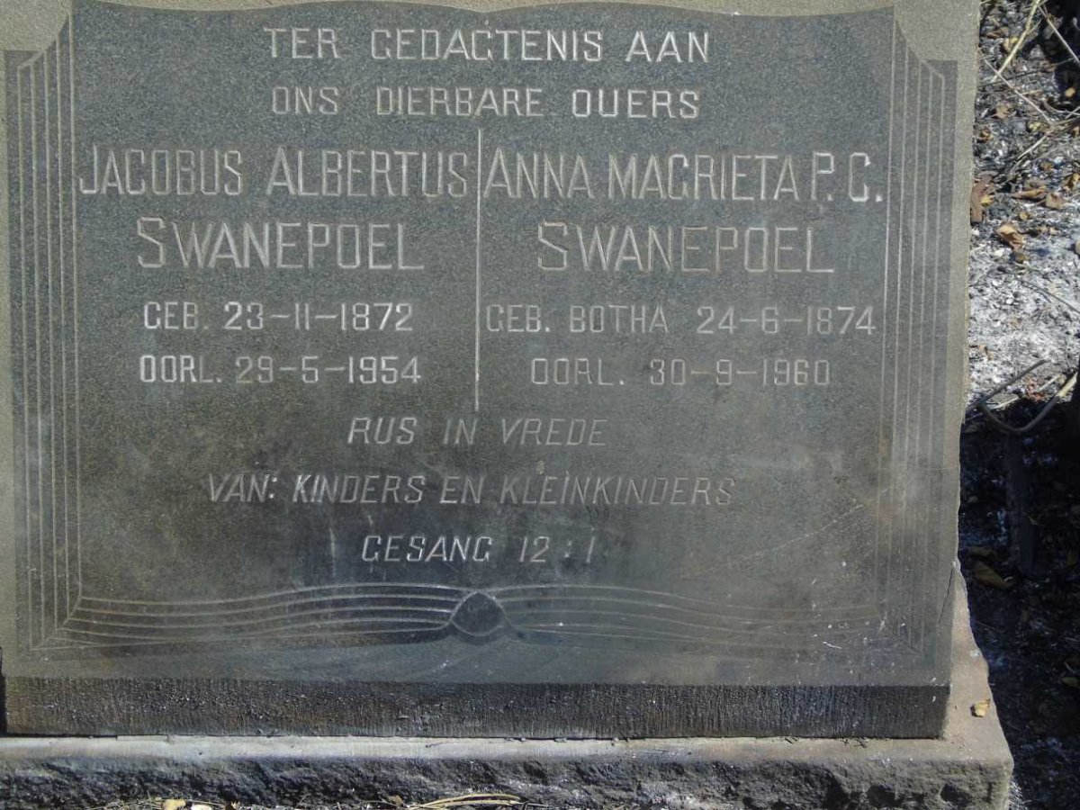 SWANEPOEL Jacobus Albertus 1872-1954 & Anna Magrieta P.C. BOTHA 1874-1960