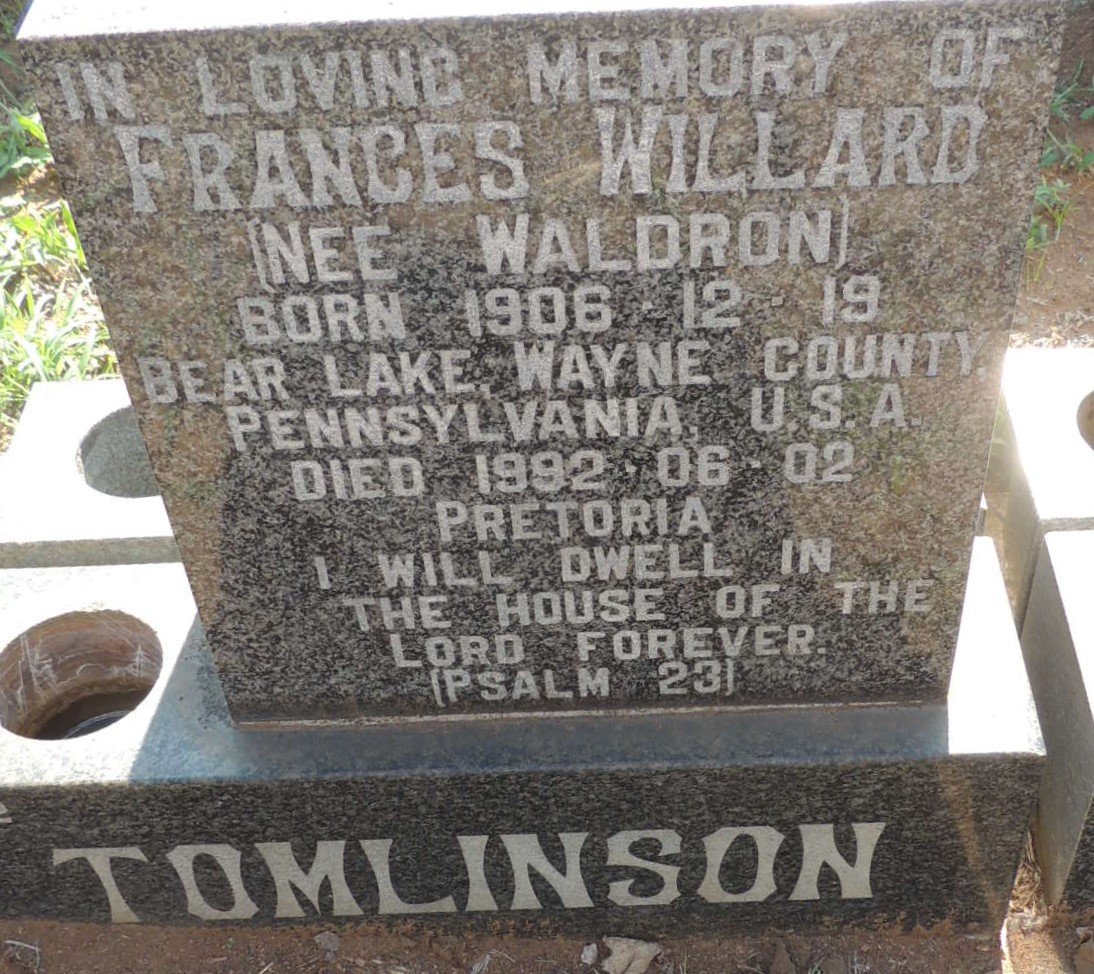TOMLINSON Frances Willard nee WALDRON 1906-1992