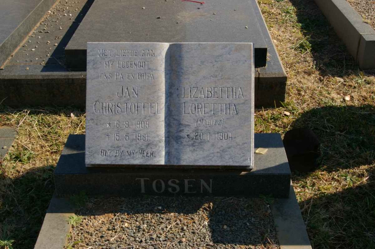TOSEN Jan Christoffel 1909-1981 &amp; Elizabettha Lorettha MARITZ 1904-