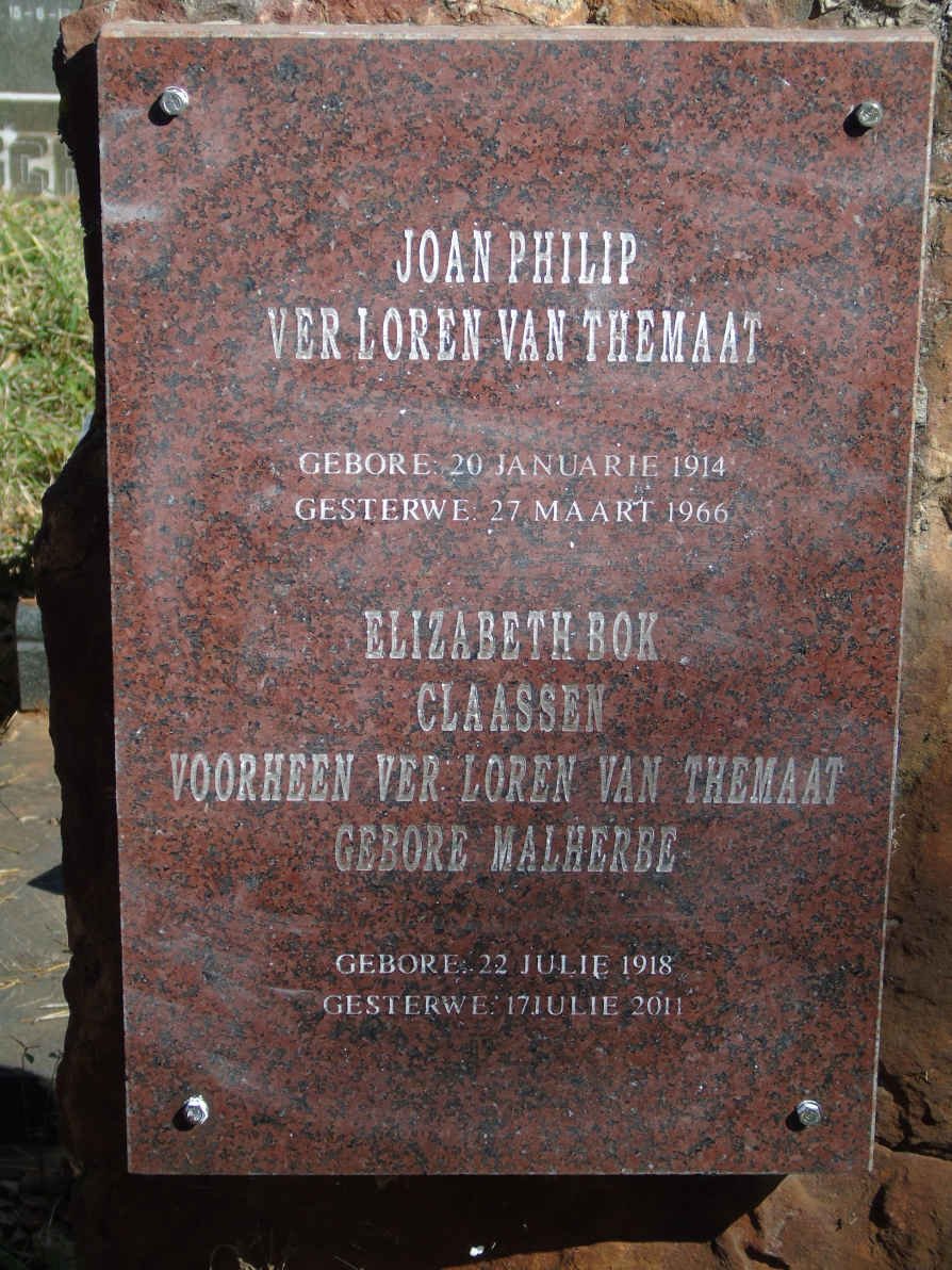 THEMAAT Joan Philip, Verloren van 1914-1966 :: CLAASSEN Elizabeth Bok voorheen VERLOREN VAN THEMAAT nee MALHERBE 1918-2011