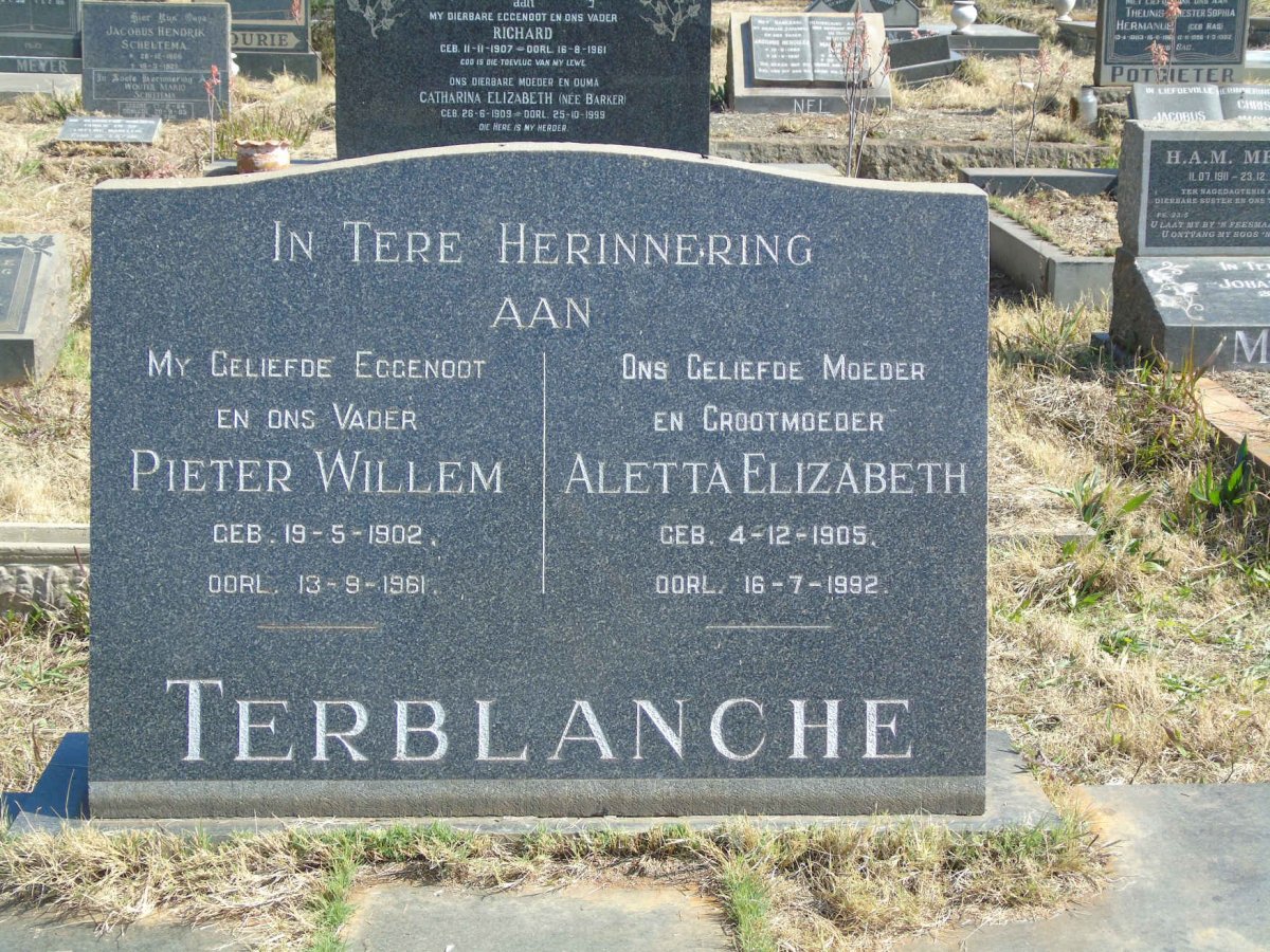 TERBLANCHE Pieter Willem 1902-1961 &amp; Aletta Elizabeth 1905-1992