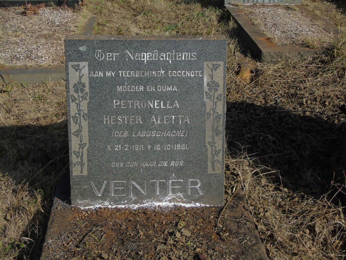 VENTER Petronella Hester Aletta nee LABUSCHAGNE 1911-1961
