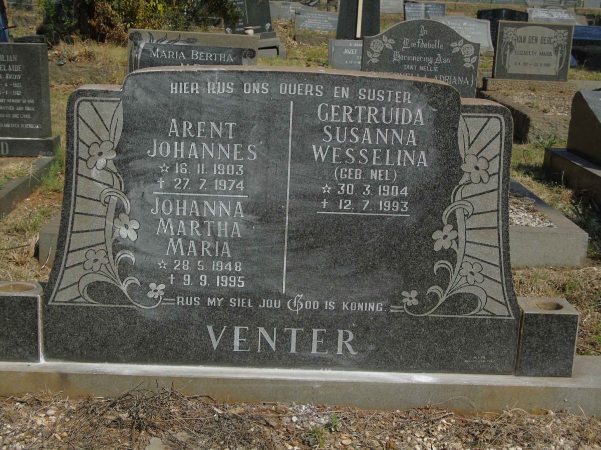 VENTER Arent Johannes 1903-1974 &amp; Gertruida Susanna Wesselina NEL 1904-1993