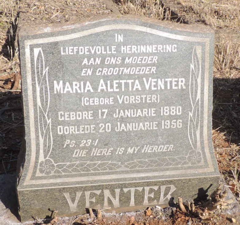 VENTER Maria Aletta nee VORSTER 1880-1956