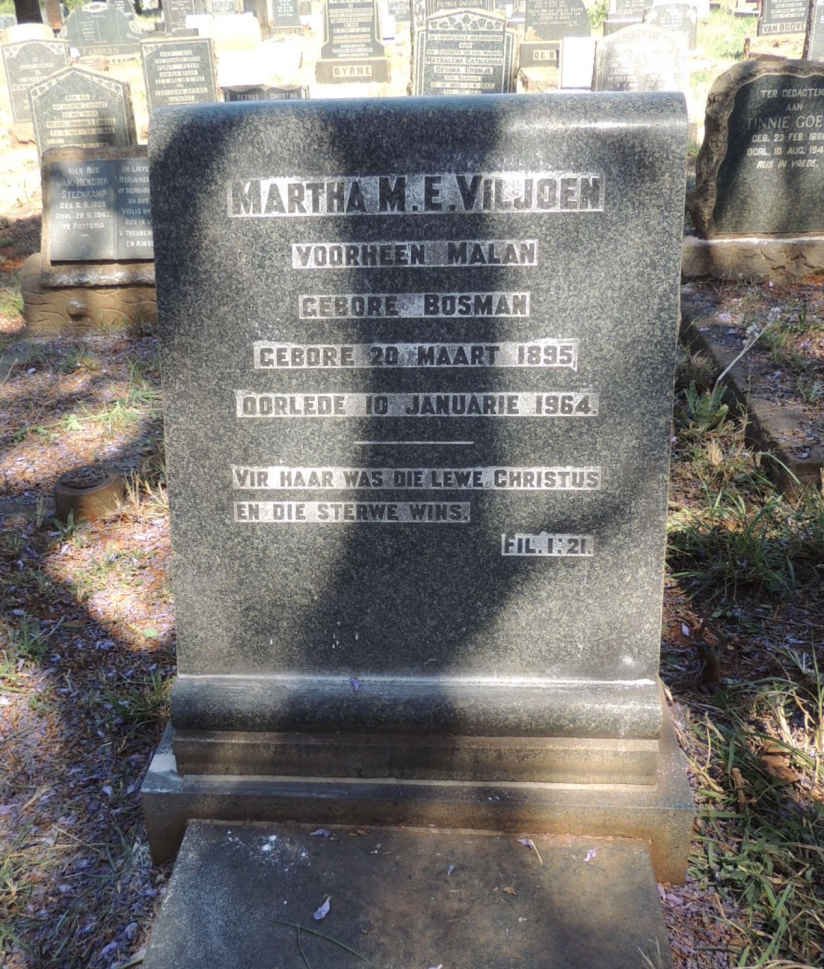 VILJOEN Martha M.E. formerly MALAN nee BOSMAN 1895-1964