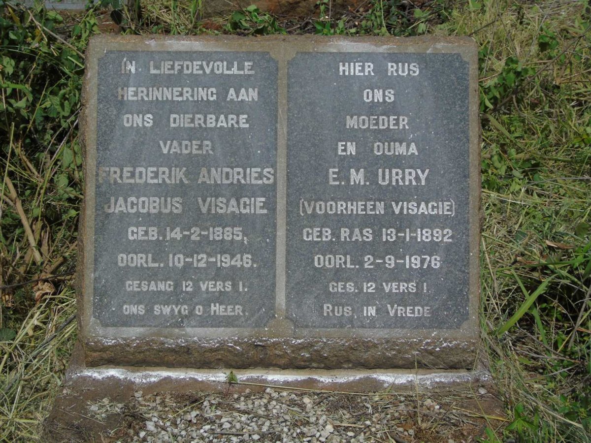 VISAGIE Frederik Andries Jacobus 1885-1946 & E.M. URRY voorheen VISAGIE 1892-1976