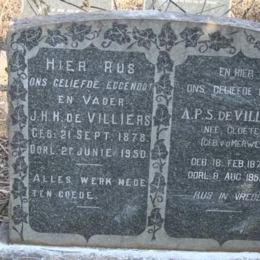 VILLIERS J.H.H., de 1878-1950 & A.P.S. voorheen CLOETE nee V.D.MERWE 1870-1955