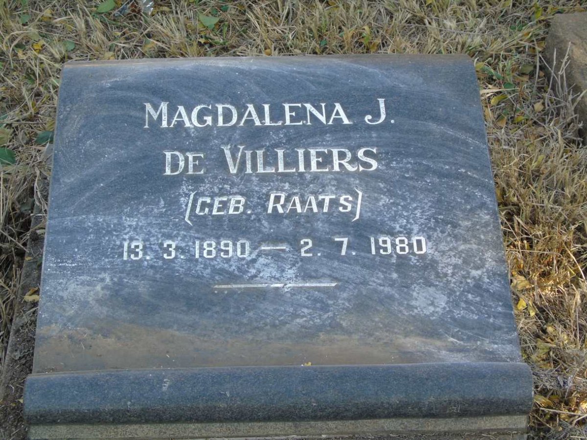 VILLIERS Magdalena J., de nee RAATS 1890-1980