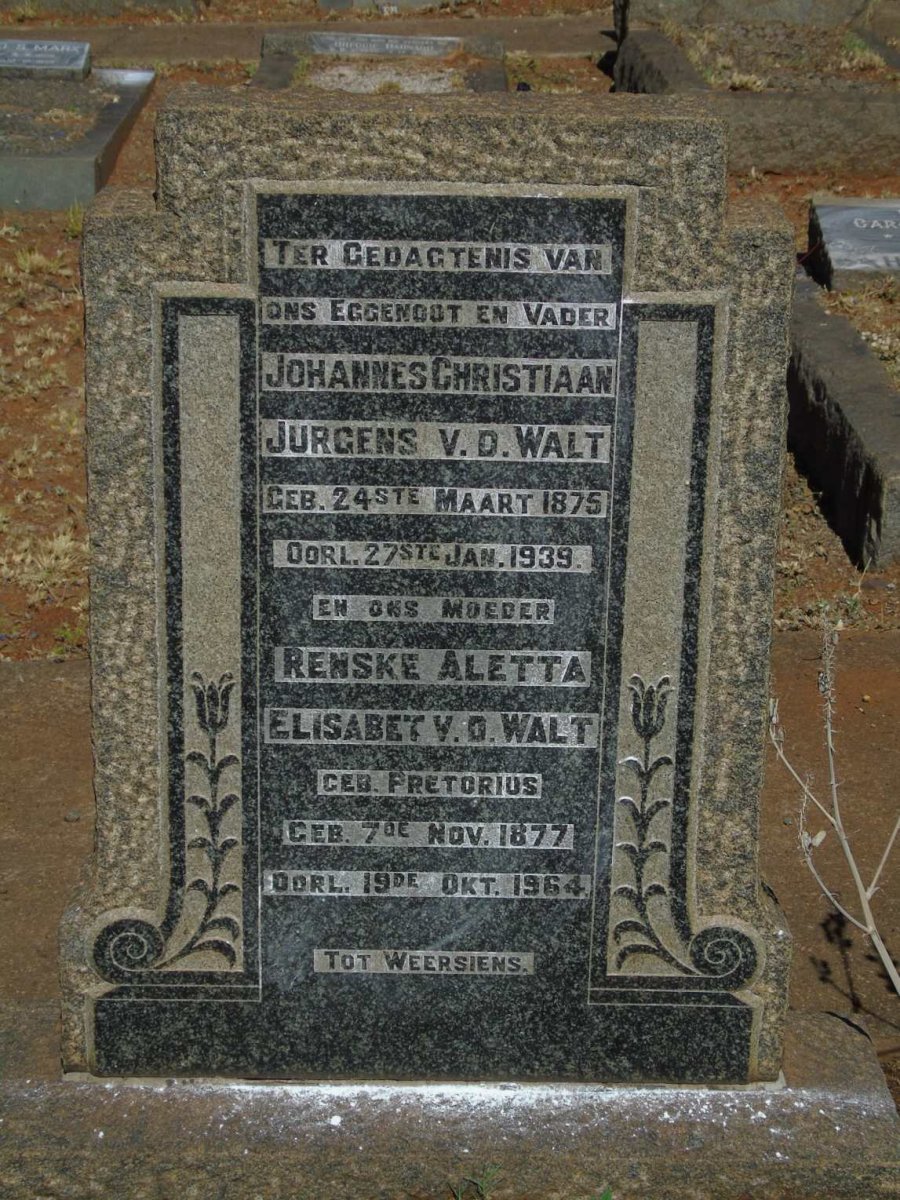 WALT Johannes Christiaan Jurgens, v.d. 1875-1939 & Renske Aletta Elisabet PRETORIUS 1877-1964