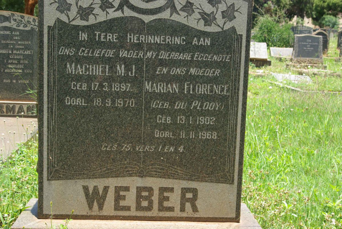 WEBER Machiel M.J. 1897-1970 &amp; Marian Florence DU PLOOY 1902-1968
