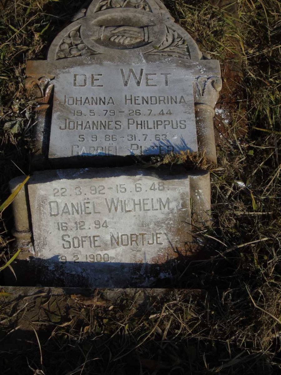 WET Johanna Hendrina, de 1879-1944 :: DE WET Johannes Philippus 1886-1963 :: DE WET Gabriel Pieter 1892-1948 :: DE WET Daniel Wilhelm 1894- :: NORTJE Sofie 1900-