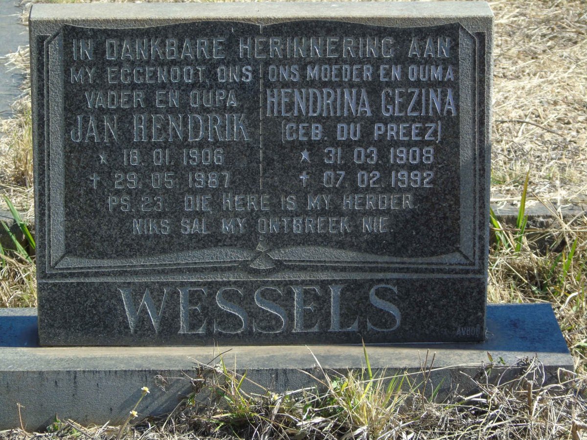 WESSELS Jan Hendrik 1906-1987 &amp; Hendrina Gezina DU PREEZ 1908-1992
