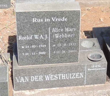 WESTHUIZEN Roelof W.A.J., van der 1919-2000 & Alice Mary WEBBER 1927-2007