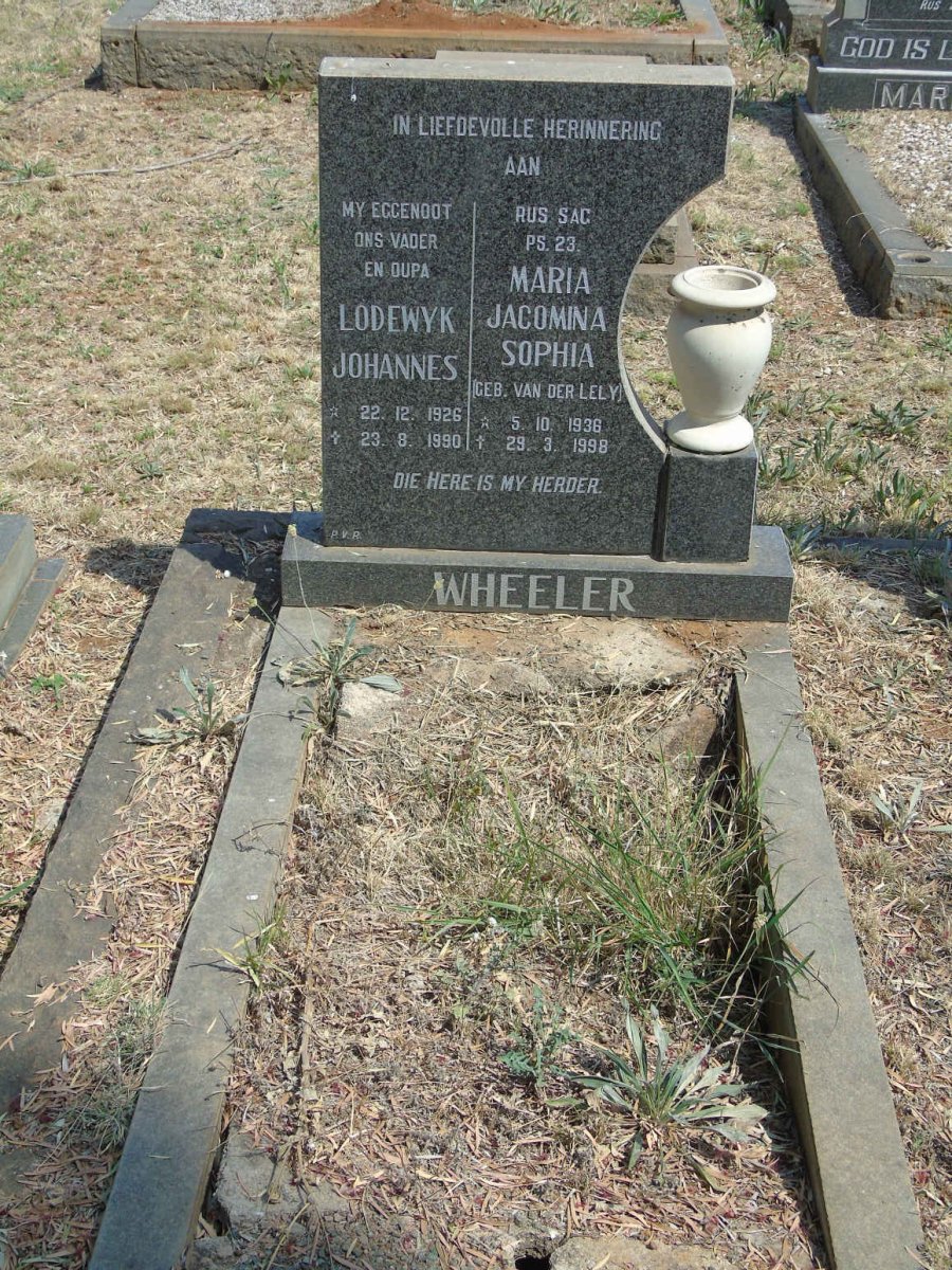WHEELER Lodewyk Johannes 1926-1990 &amp; Maria Jacomina Sophia VAN DER LELY 1936-1998