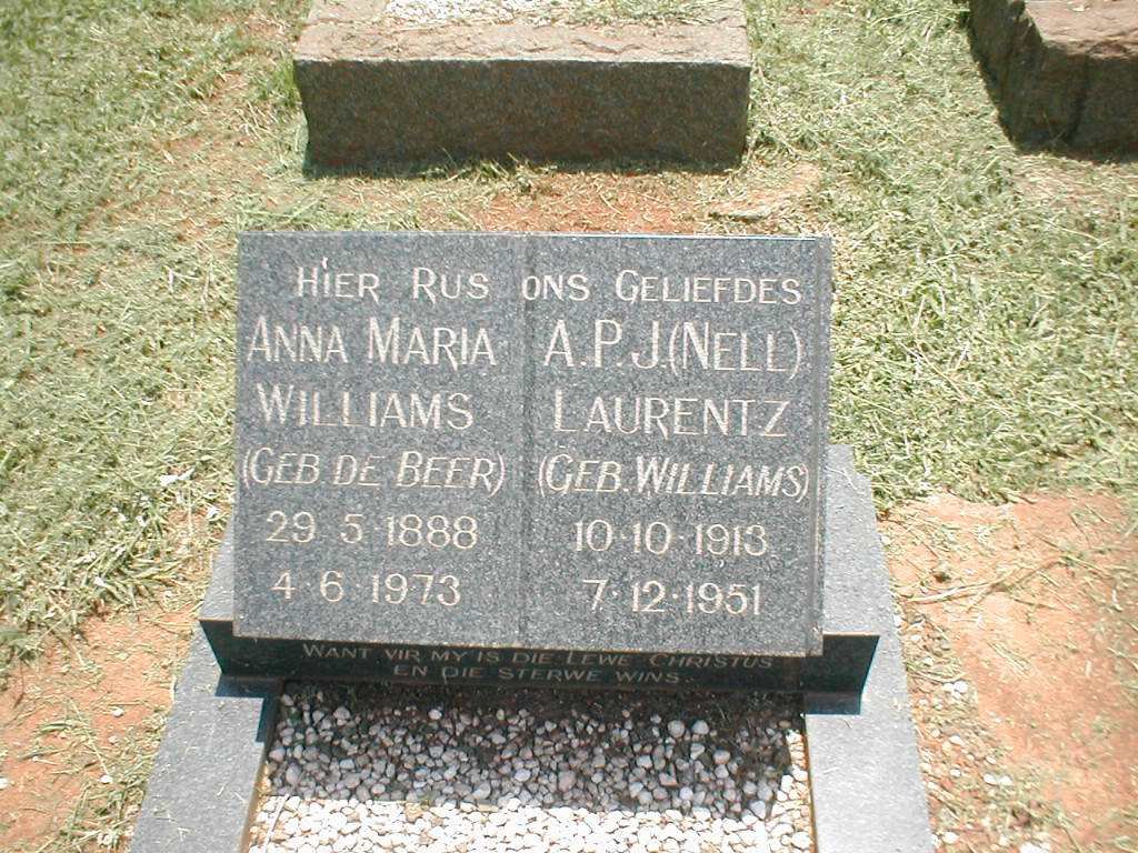 WILLIAMS Anna Maria geb. DE BEER  1888-1973 :: LAURENTZ A.P.L. geb. WILLIAMS 1913-1951
