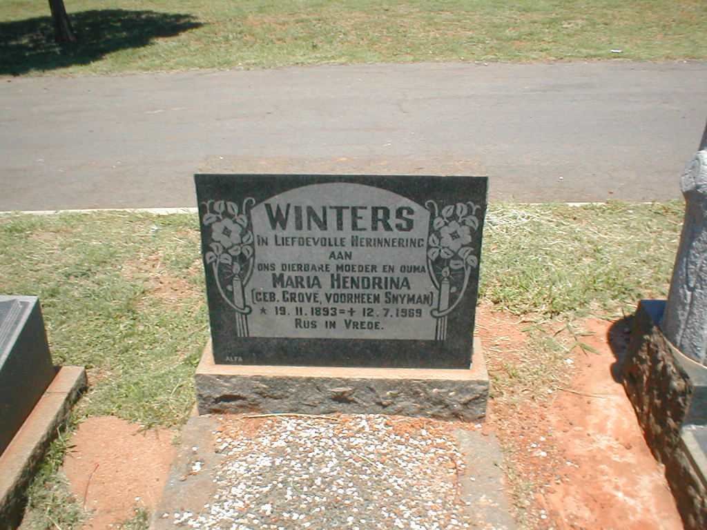 WINTERS Maria Hendrina voorheen SNYMAN geb. GROVE 1893-1969