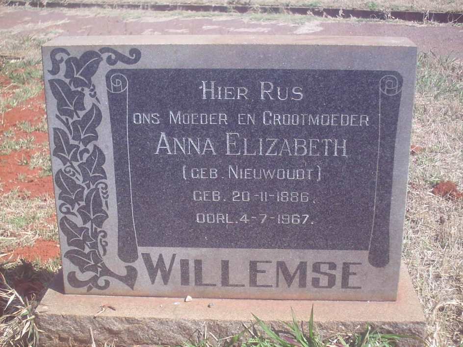 WILLEMSE Anna Elizabeth nee NIEWOUDT 1886-1967