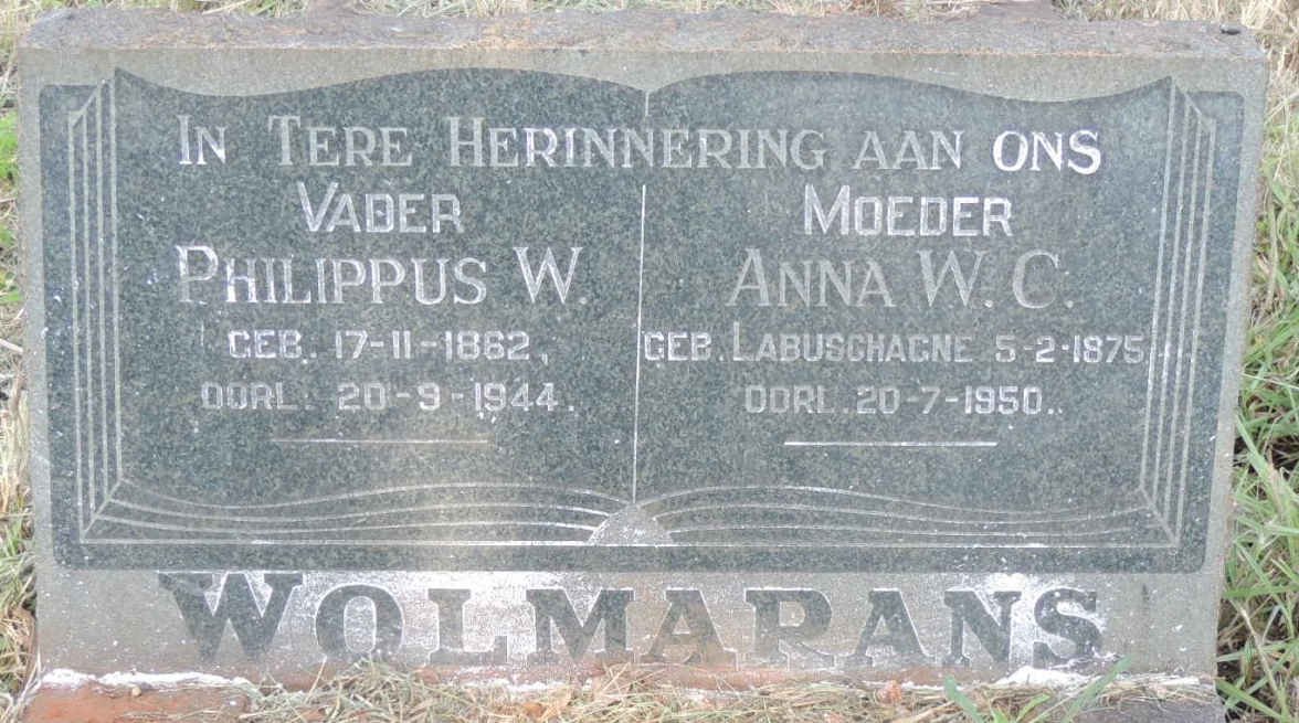 WOLMARANS Philippus W. 1862-1944 &amp; Anna W.C. LABUSCHAGNE 1875-1950