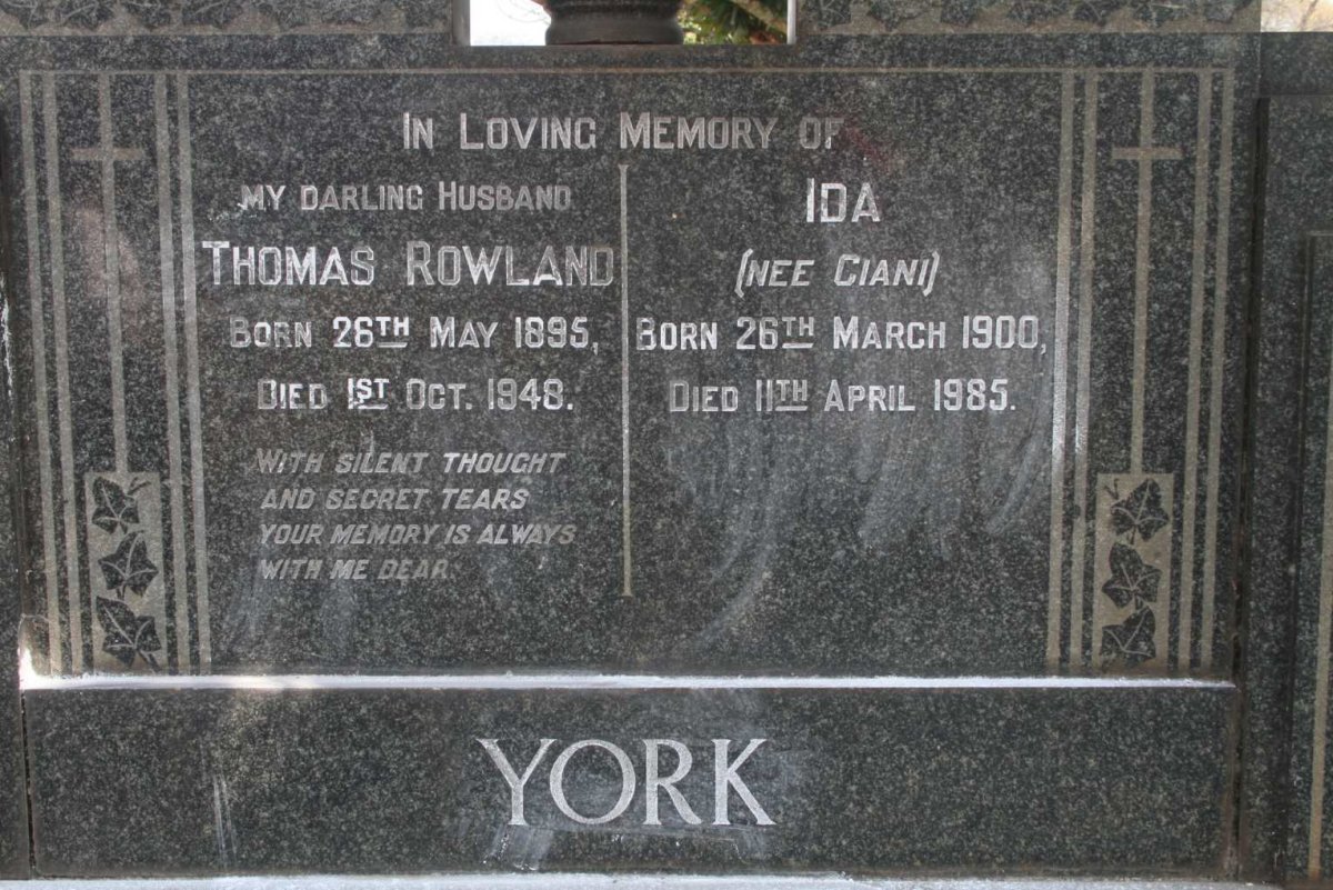 YORK Thomas Rowland 1895-1948 &amp; Ida nee CIANI 1900-1985