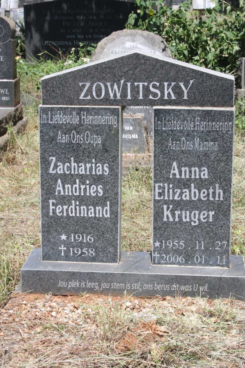 ZOWITSKY Zacharias Andries Ferdinand 1916-1958 :: KRUGER Anna Elizabeth 1955-2006