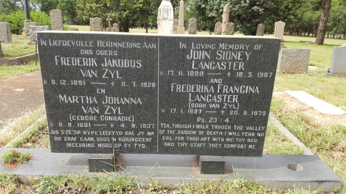 ZYL Frederik Jakobus, van 1851-1928 &amp; Martha Johanna CONRADIE 1861-1937 :: LANCASTER John Sidney 1899-1967 & Frederika Francina VAN ZYL 1897-1979