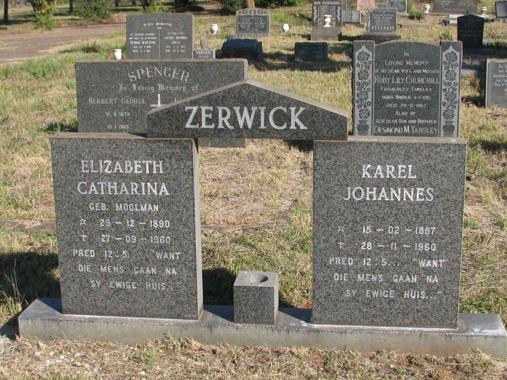 ZERWICK Karel Johannes 1887-1960 &amp; Elizabeth Catharina MOOLMAN 1890-1960