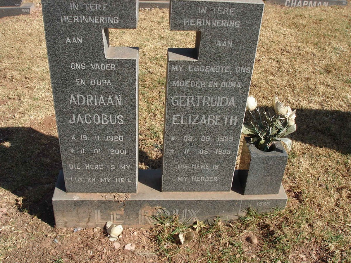 ROUX Adriaan Jacobus, le 1920-2001 &amp; Gertruida Elizabeth 1929-1993
