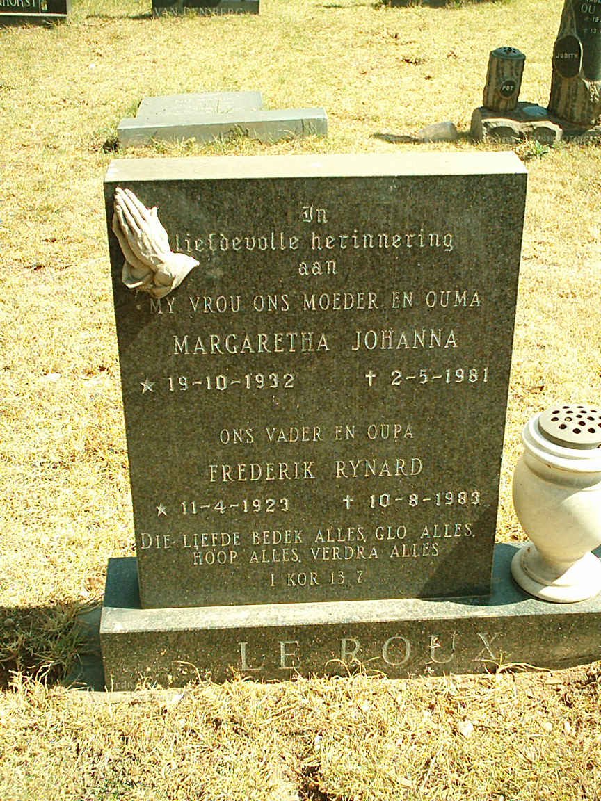 ROUX Frederik Rynard, le 1923-1983 &amp; Margaretha Johanna 1932-1981