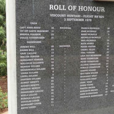 Roll of Honour for the Viscount HUNYANI  - Flight RH 825 - 3 September 1978