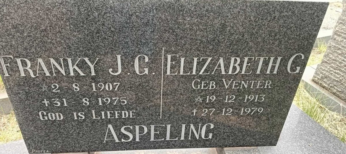 ASPELING Franky J.G 1907-1975 & Elizabeth G. VENTER 1913-1979