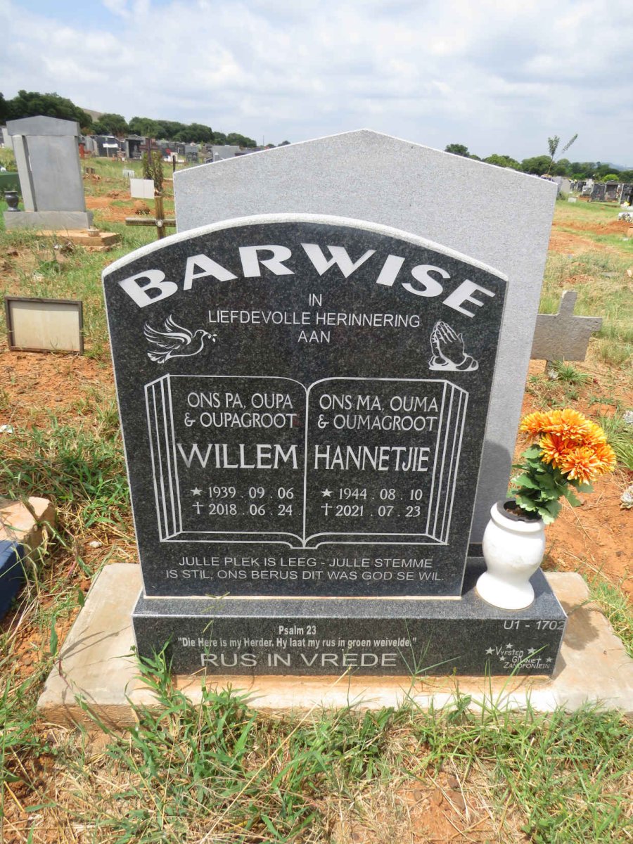 BARWISE Willem 1939-2018 & Hannetjie 1944-2021