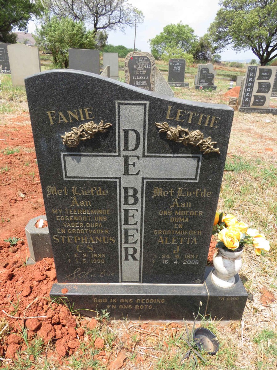 BEER Stephanus C.S., de 1933-1998 & Aletta J. 1937-2006
