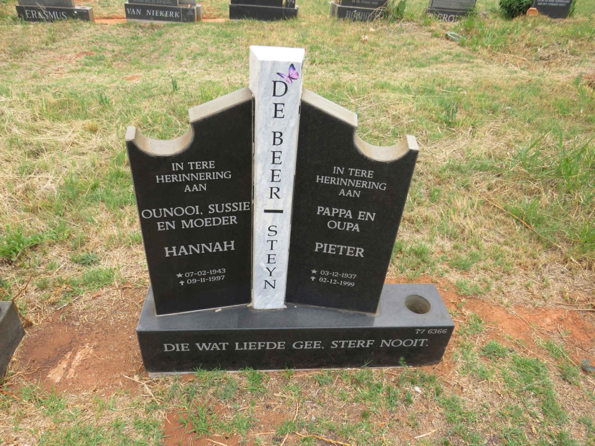 BEER Pieter, de, STEYN 1937-1999 & Hannah DE BEER, STEYN 1943-1997