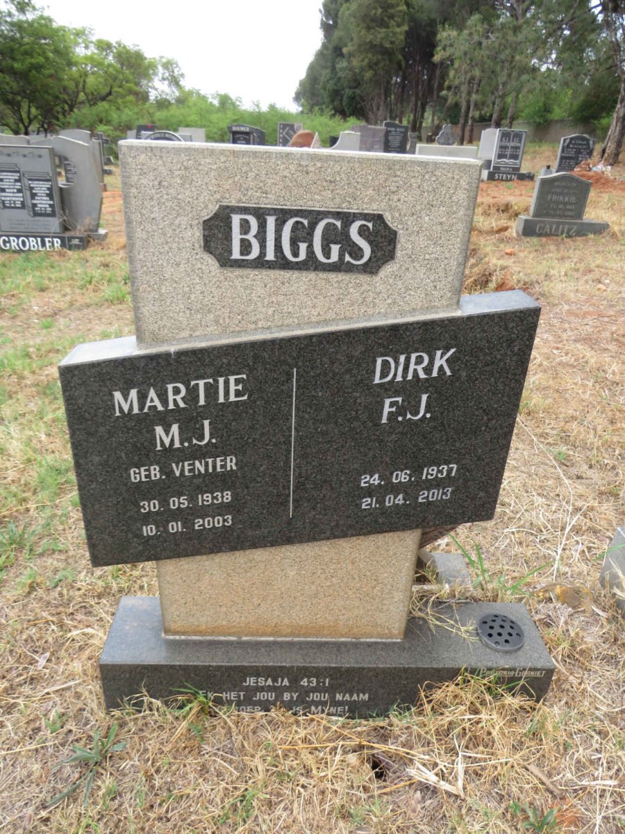 BIGGS F.J. 1937-2013 & M.J. VENTER 1938-2003