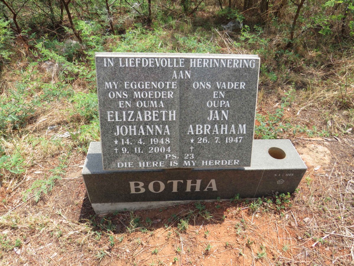BOTHA Jan Abraham 1947- & Elizabeth Johanna 1948-2004