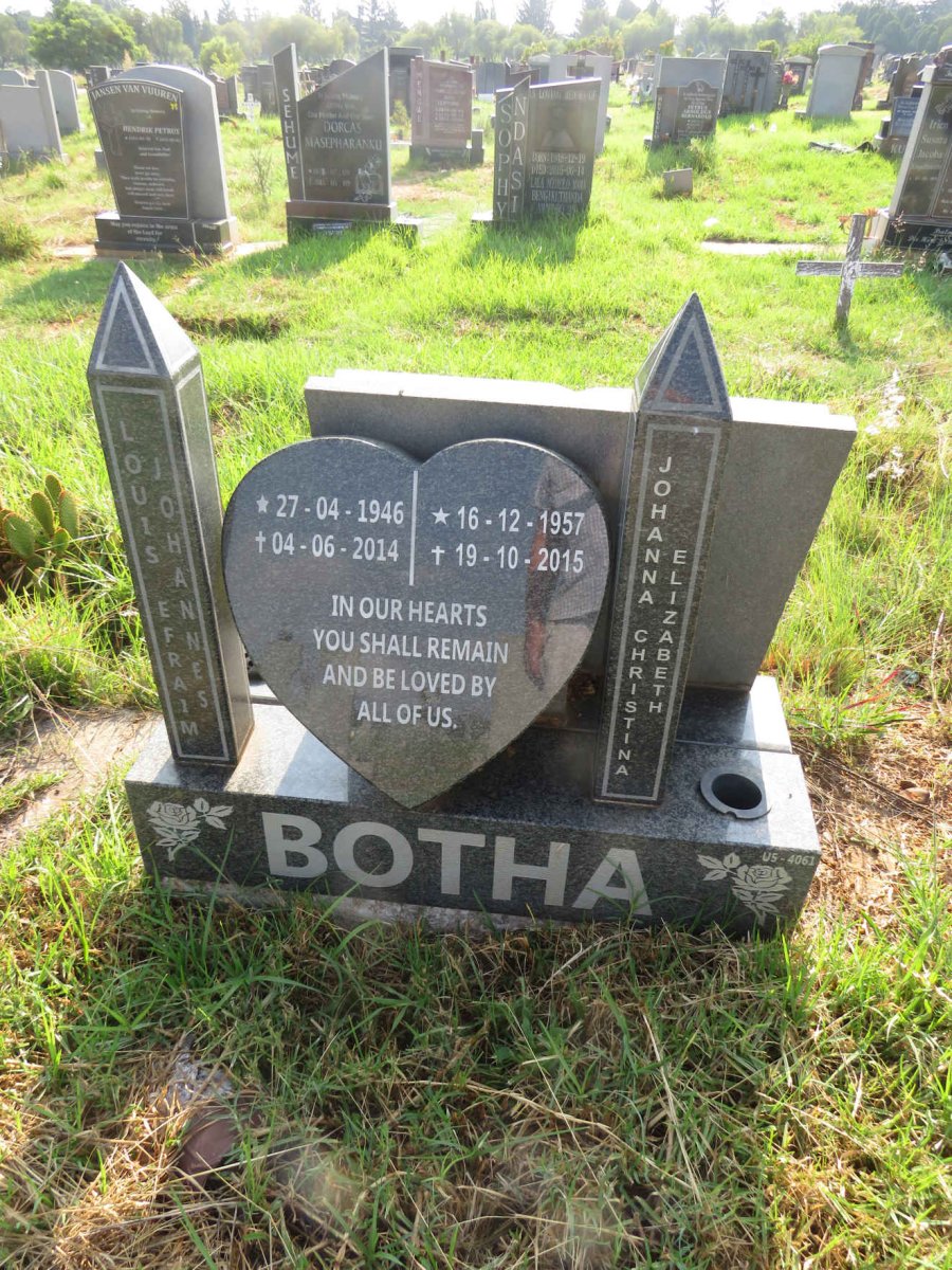 BOTHA Louis Efraim Johannes 1946-2014 & Johanna Christina Elizabeth 1957-2015