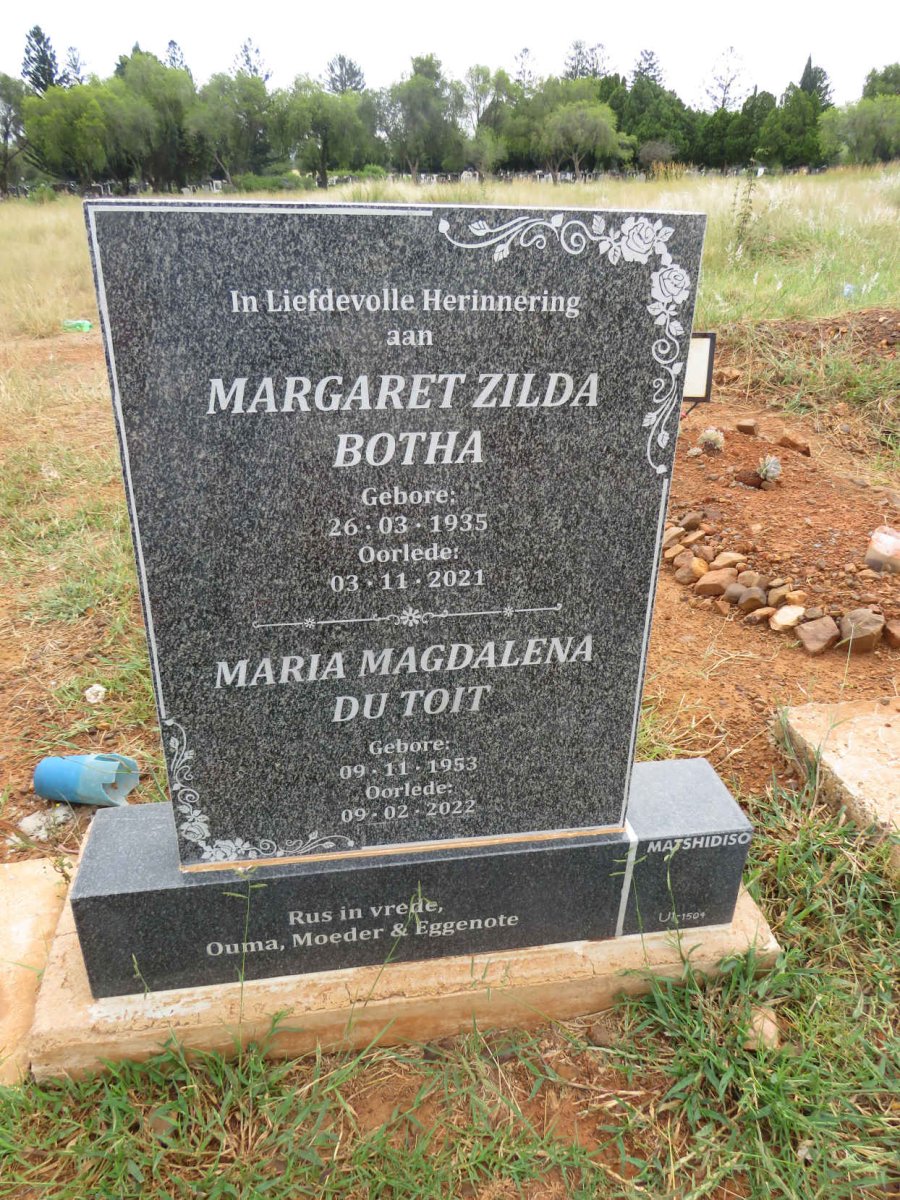 BOTHA Margaret Zilda 1935-2021 :: DU TOIT Maria Magdalena 1953-2022