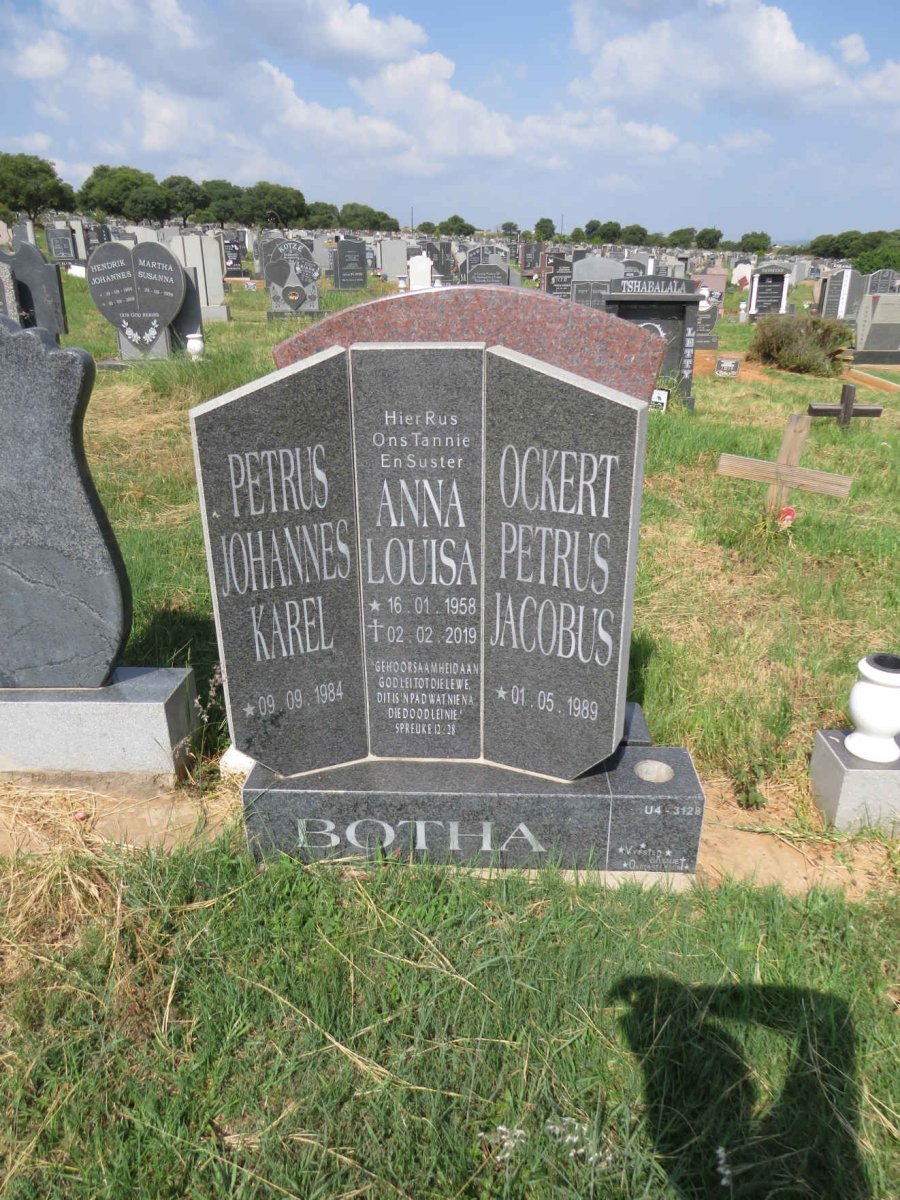 BOTHA Anna Louisa 1958-2019 :: BOTHA Petrus Johannes Karel 1984- :: BOTHA Ockert Petrus Jacobus 1989- 