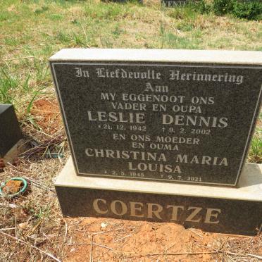 COERTZE Leslie Dennis 1942-2002 & Christina Maria Louisa 1945-2021