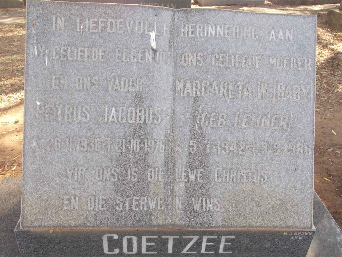 COETZEE Petrus Jacobus 1938-1976 &amp; Margareta W. LEMMER 1942-1986