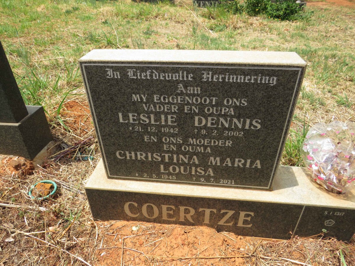 COERTZE Leslie Dennis 1942-2002 & Christina Maria Louisa 1945-2021