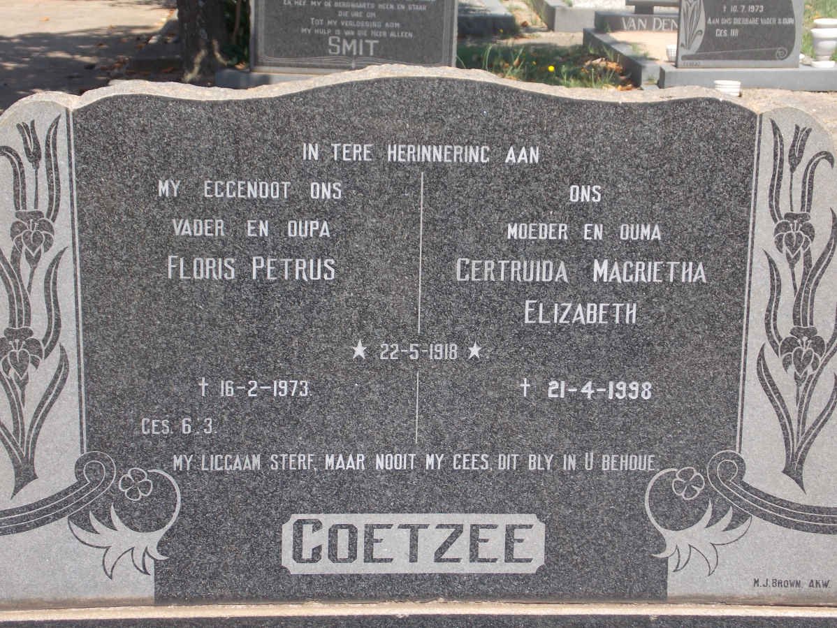 COETZEE Floris Petrus 1918-1973 &amp; Gertruida Magrietha Elizabeth 1918-1998