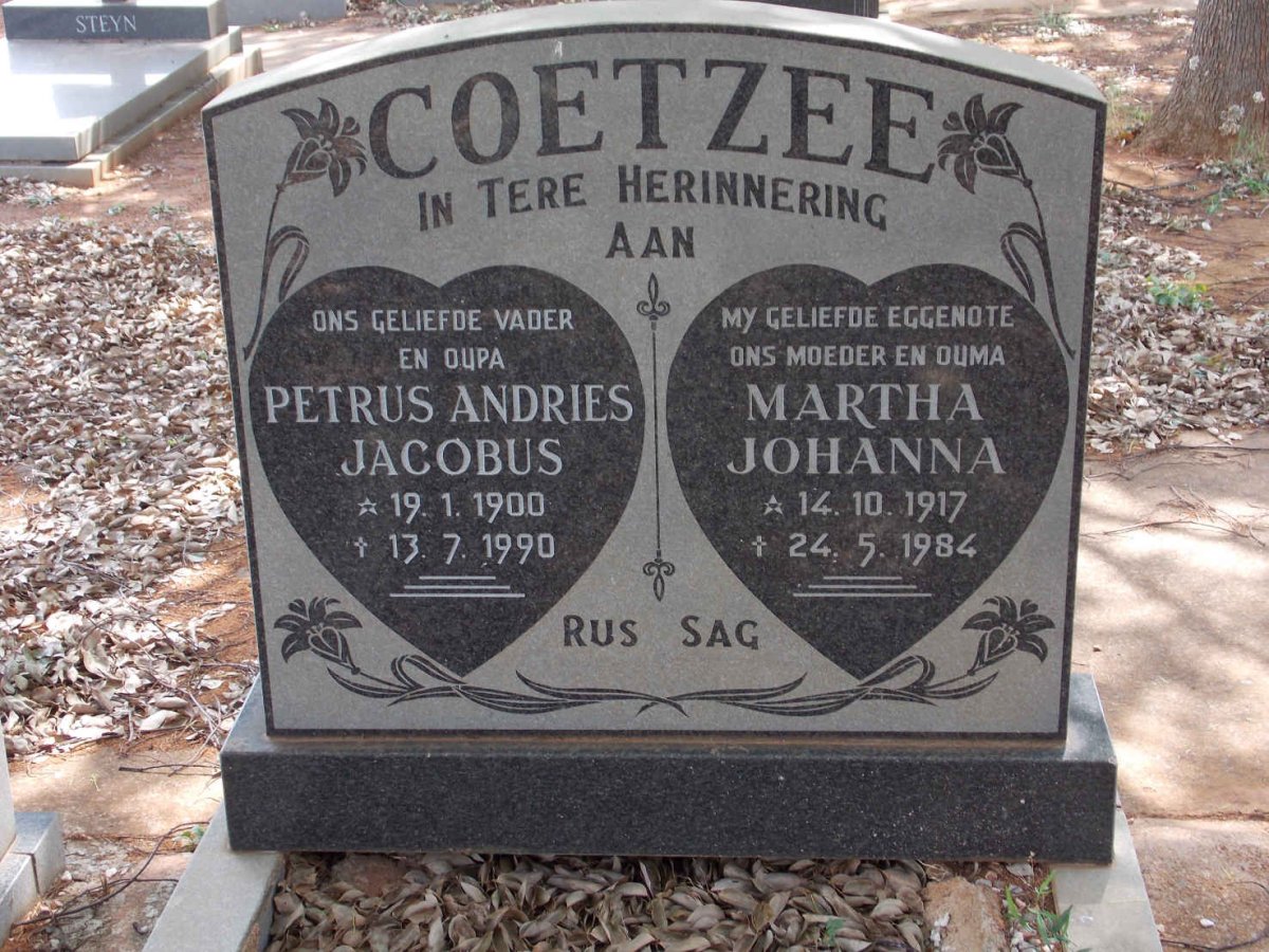 COETZEE Petrus Andries Jacobus 1900-1990 &amp; Martha Johanna 1917-1984