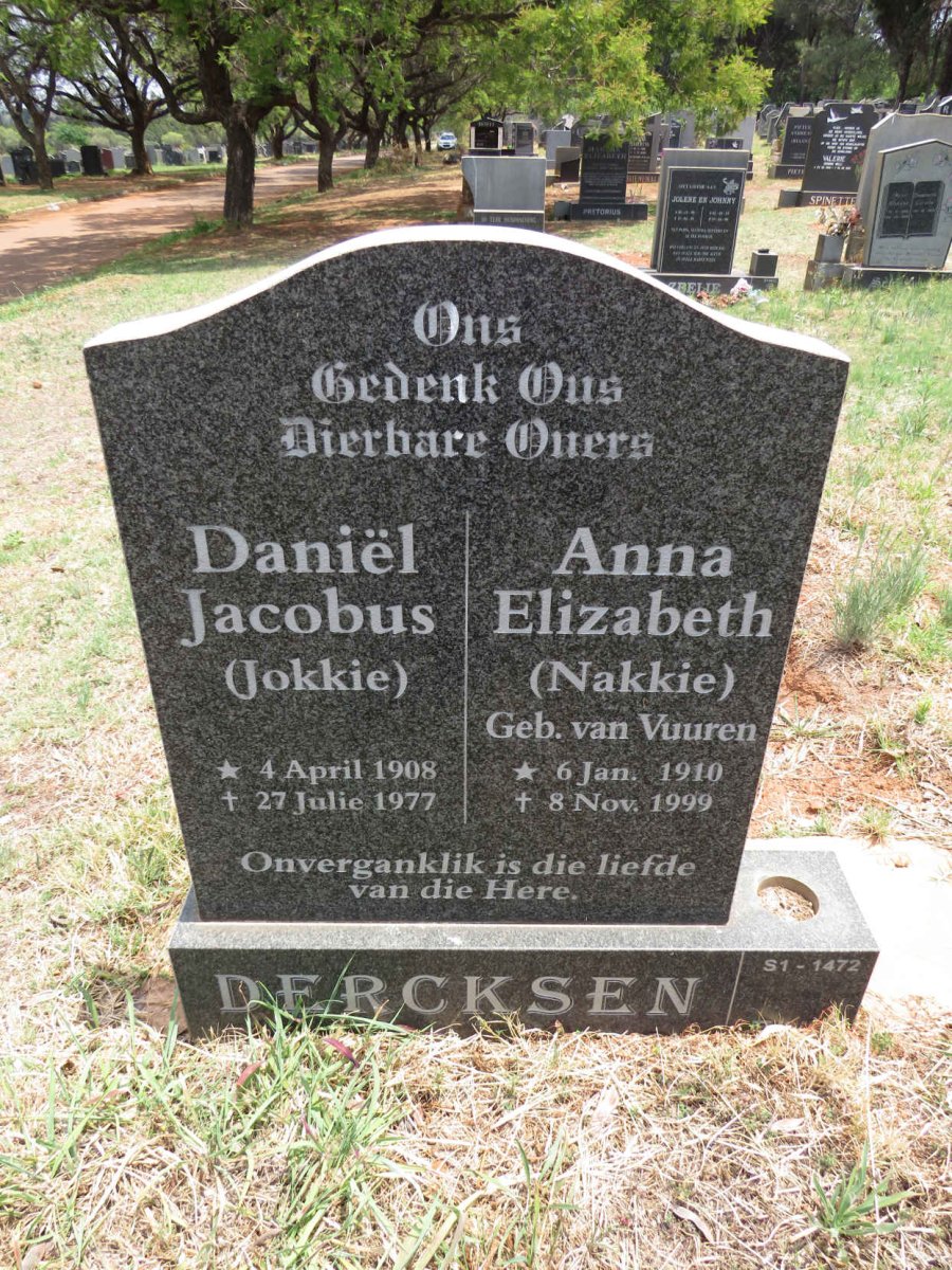 DERCKSEN Daniel Jacobus 1908-1977 & Anna Elizabeth VAN VUUREN 1910-1999