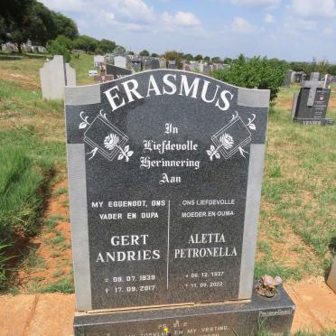 ERASMUS Gert Andries 1939-2017 & Aletta Petronella 1937-2022