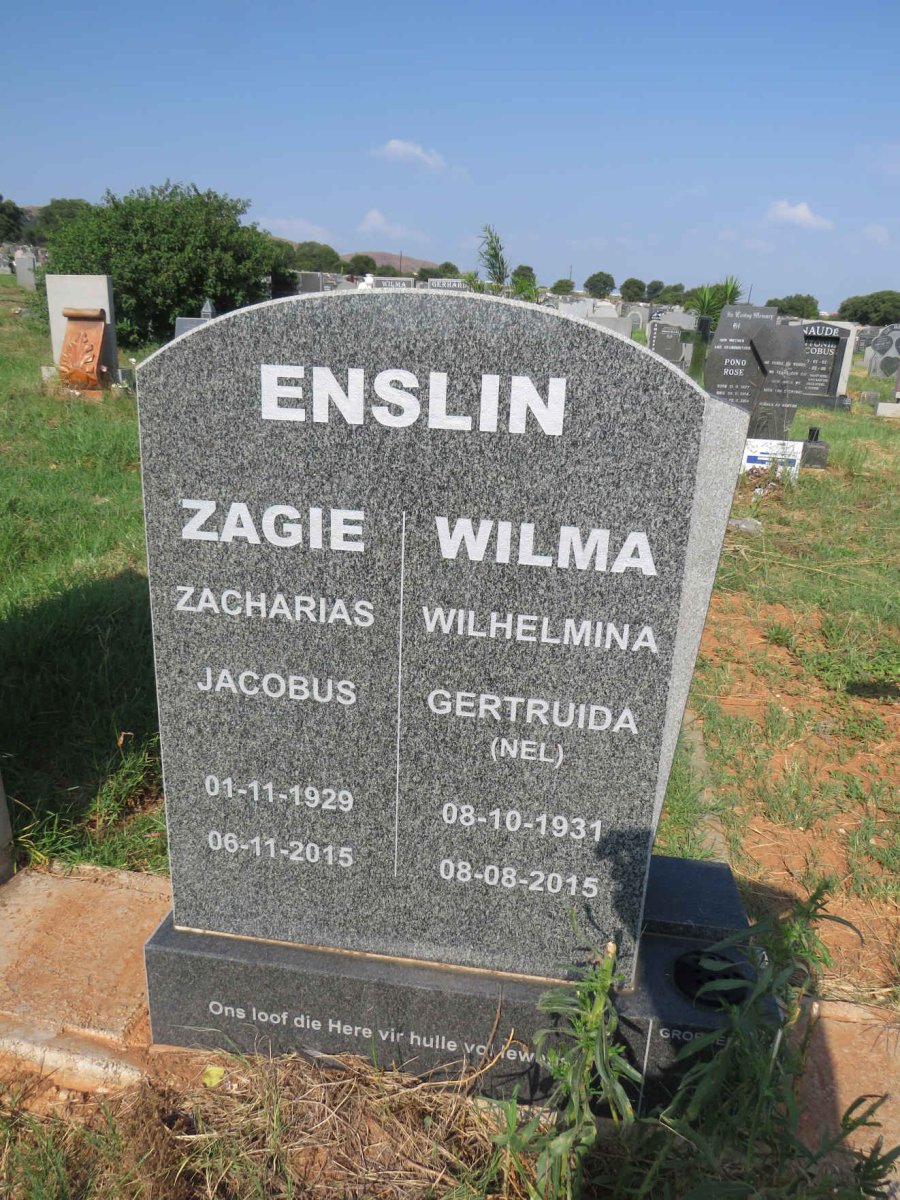 ENSLIN Zacharias Jacobus 1929-2015 & Wilhelmina Gertruida NEL 1931-2015