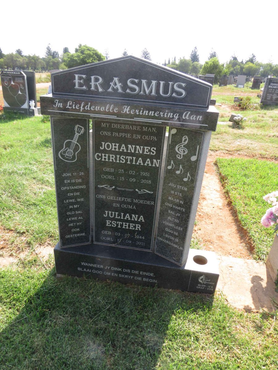ERASMUS Johannes Christiaan 1951-2018 & Juliana Esther 1944-2021
