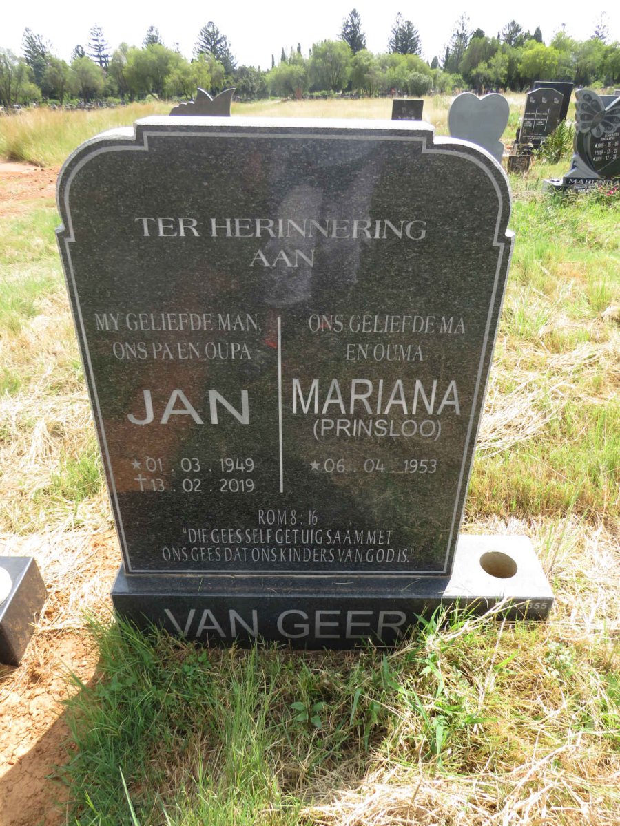 GEER Jan, van 1949-2019 & Mariana PRINSLOO 1953- 